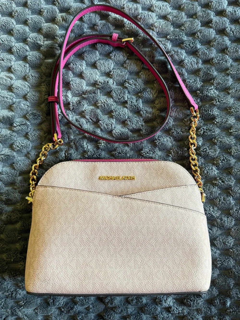 Michael Kors Cream Crossbody Bag with Pink Strap and Gold Hardware
